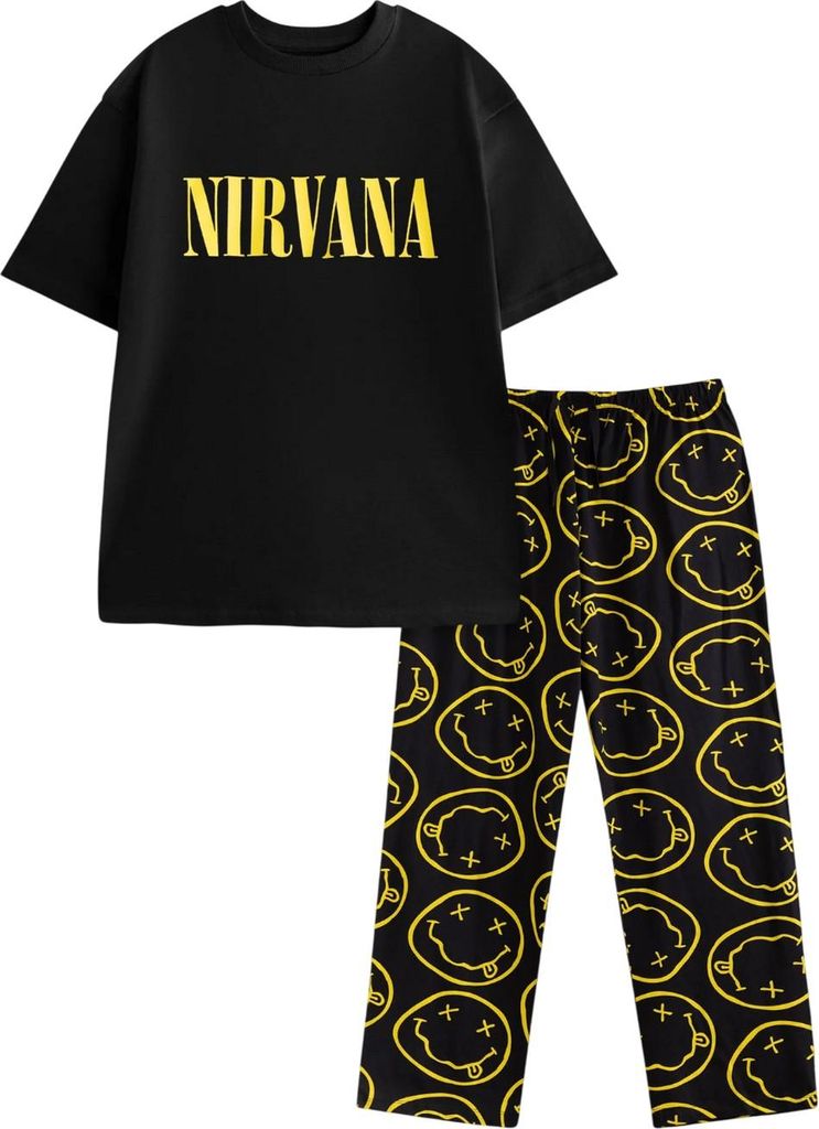 Nirvana - Schlafanzug mit langer Hose für Herren, kurzärmlig NS9662 (XXL) (Schwarz)