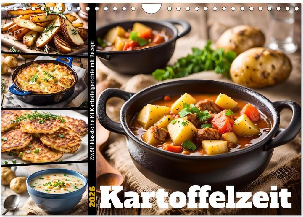 Kartoffelzeit - Zwölf klassische KI Kartoffelgerichte mit Rezept (Wandkalender 2026 DIN A4 quer), CALVENDO Monatskalender
