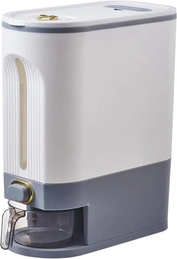 Distributeur de riz 10 kg avec gobelet doseur, réservoir cuisine blanc et gris