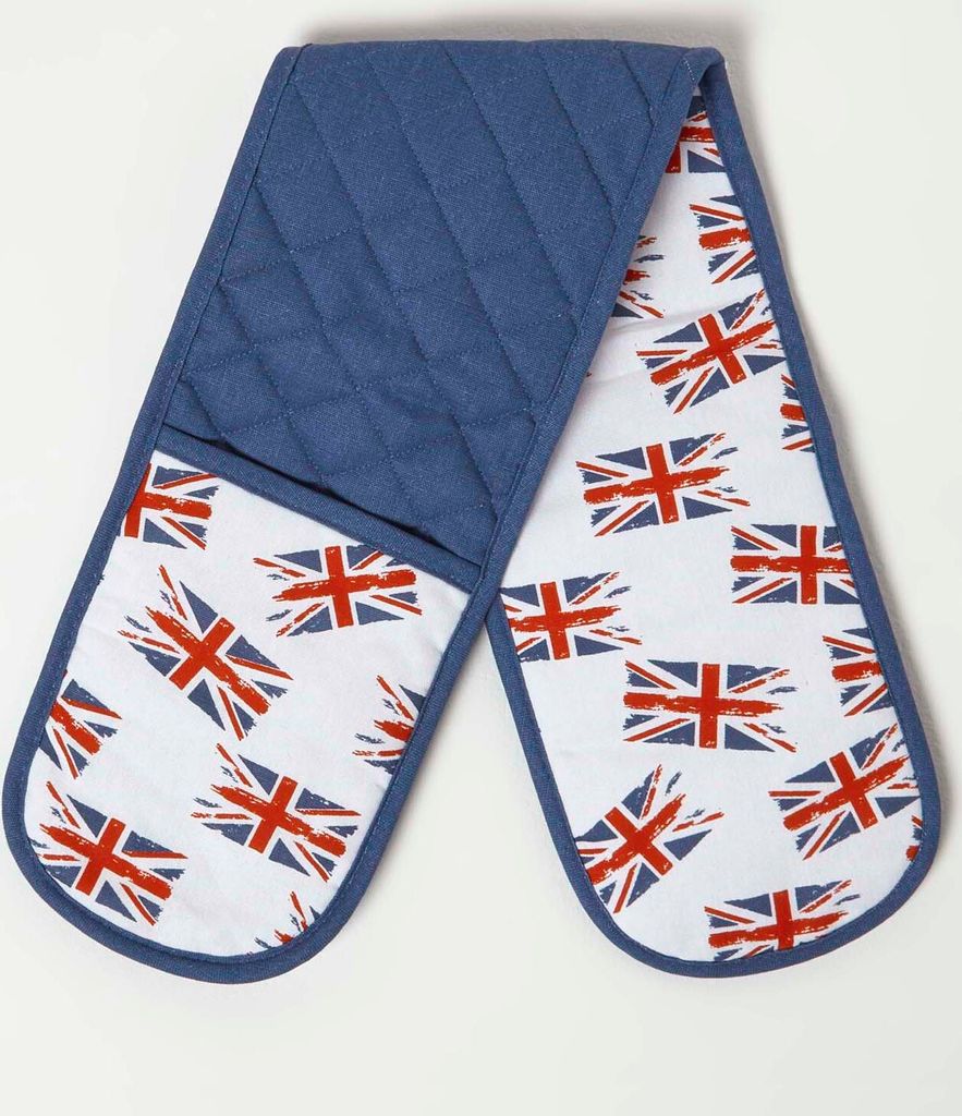 HOMESCAPES Doppel-Ofenhandschuh Union Jack - Baumwolle blau-weiß-rot, 85 x 18 cm