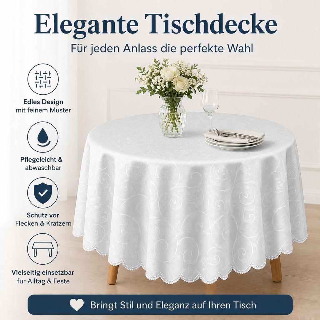 Tischdecke weiß oval 160x220 cm damast Ornamente bügelfrei Produktbild 