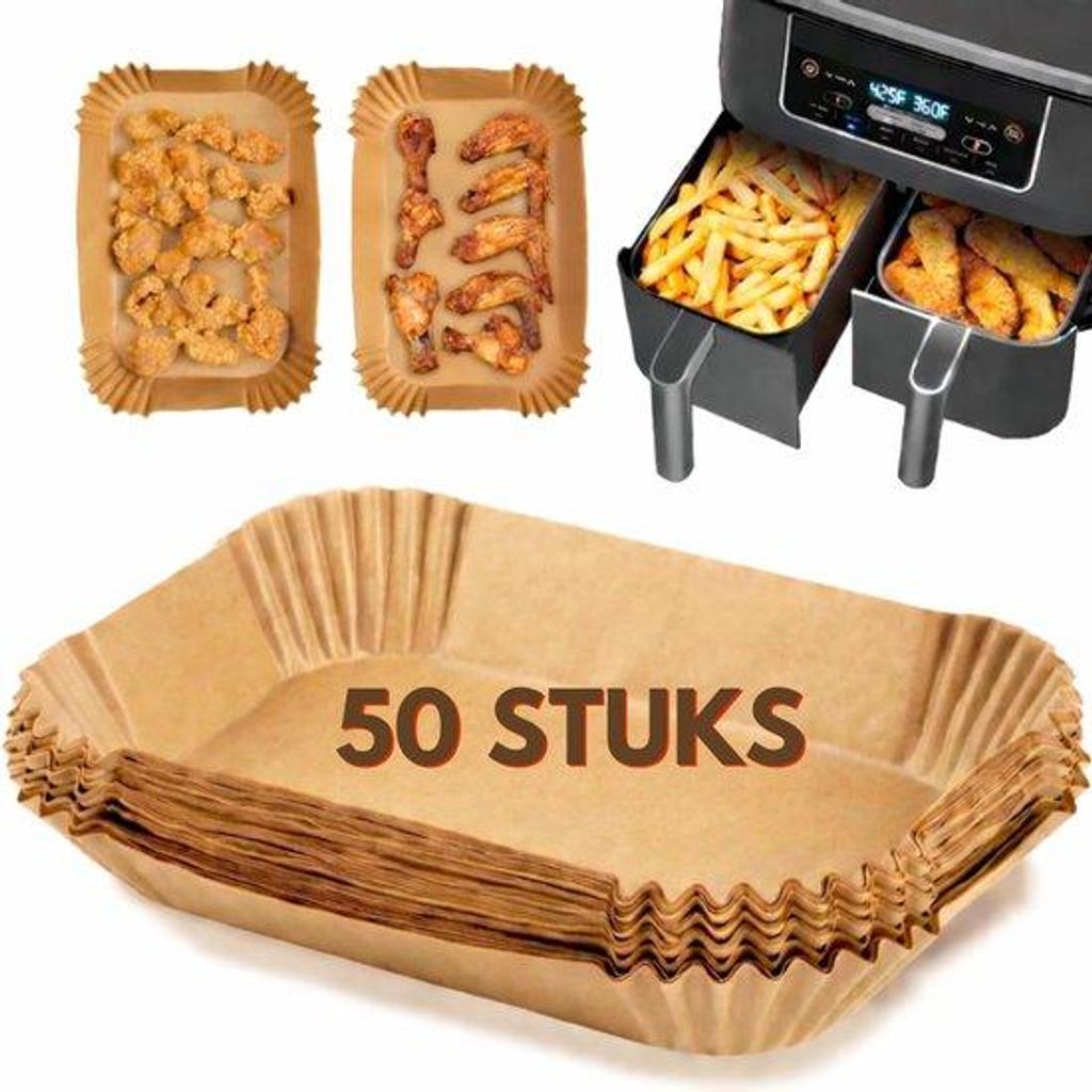 Ultiluxe Airfryer Bakpapier - 50 Stück - Zubehör für Heißluftfritteusen - Hitzebeständig bis 220 °C - Öl- und wasserfest - 22 x 14 x 4,5 cm
