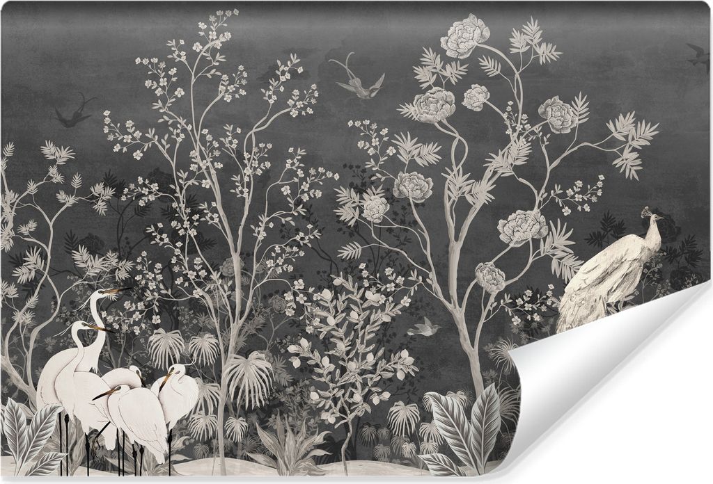 Muralo Selbstklebende Fototapete BLUMEN Bäume Blätter Vögel Vintage Stil Br. 368cm x Hö. 280cm