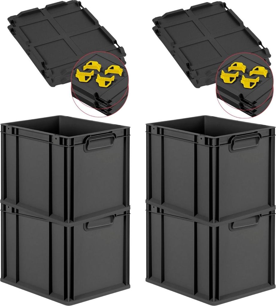 SuperSparSet 4x Eurobox NextGen Grip mit Auflagedeckel inkl. 4 gelben Schiebeschnappverschlüssen | HxBxT 32x30x40cm | 30 Liter | Schwarz | Griffe ...