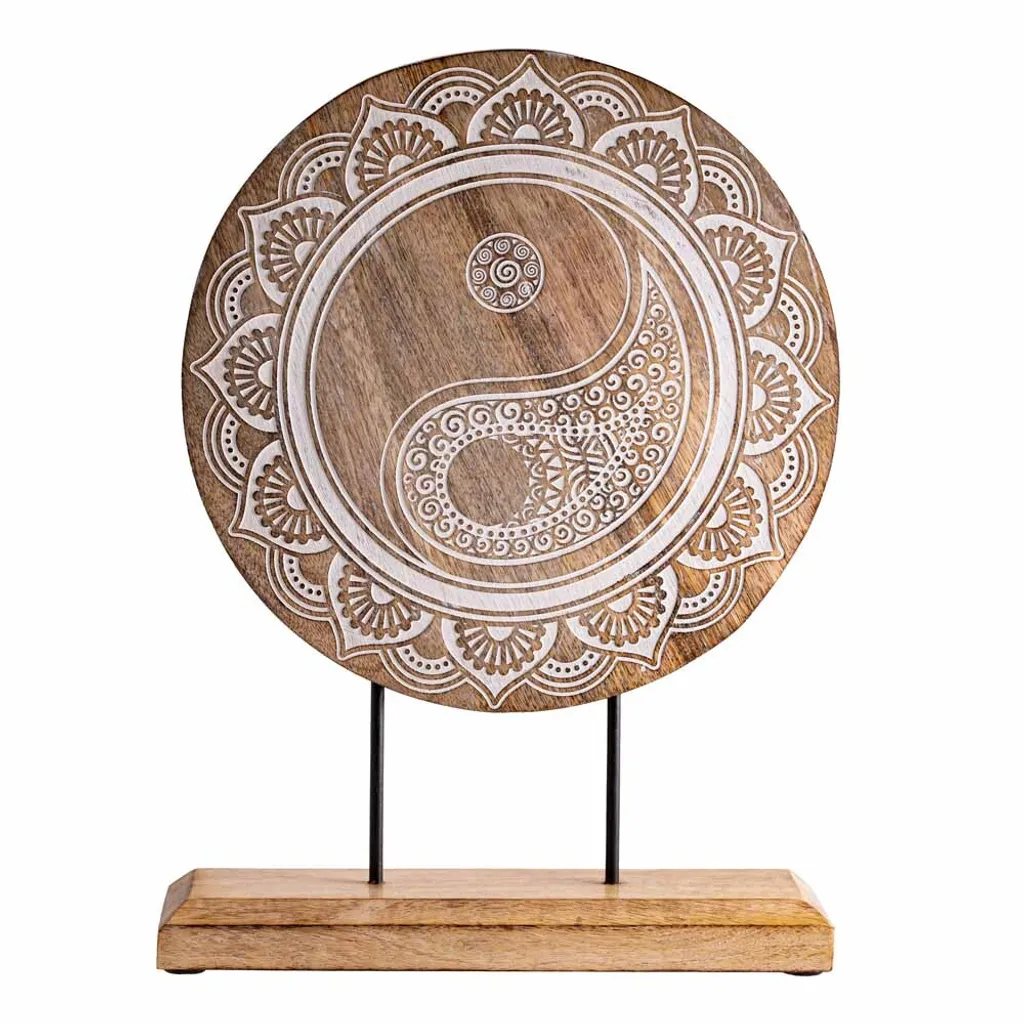 Tableau YinYang en bois de manguier sculpté main avec socle de pose