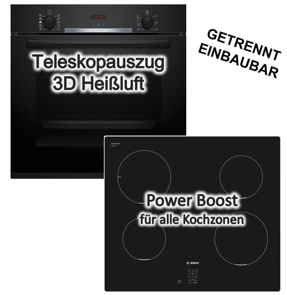 Herdset BOSCH Backofen Hydrolyse Teleskopauszug + Induktionskochfeld Booster autark 60 cm