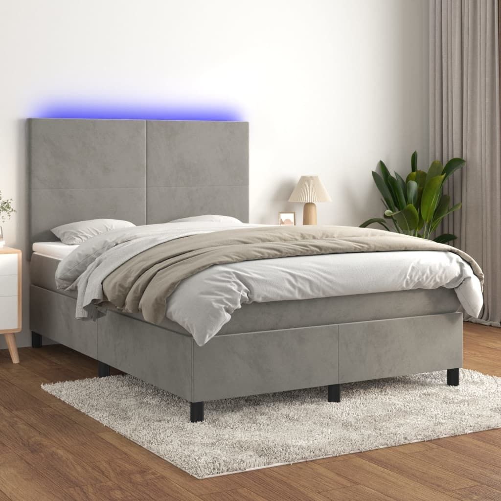 vidaXL Boxspringbett mit Matratze & LED Hellgrau 140x190 cm Samt - Boxspringbett - Boxspringbetten - Bett - Betten