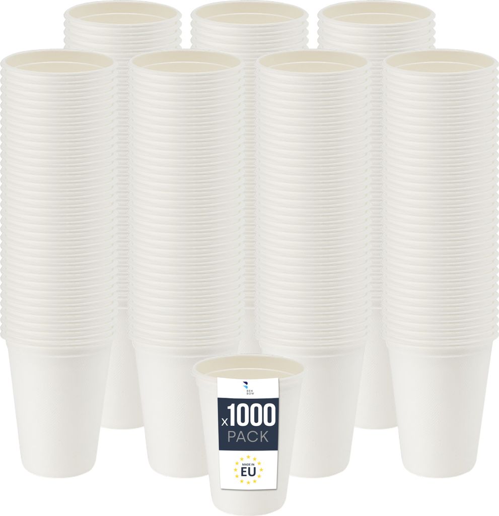 BenBow Einwegbecher aus Zuckerrohr, Weiß, 300 ml x 1000 – Besser als Pappbecher, Umweltfreundlich, Ideal für Partys oder Kaffee