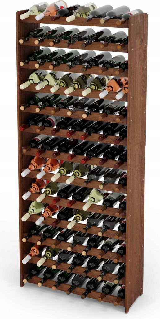 A tall, wooden wine rack filled with bottles of wine.