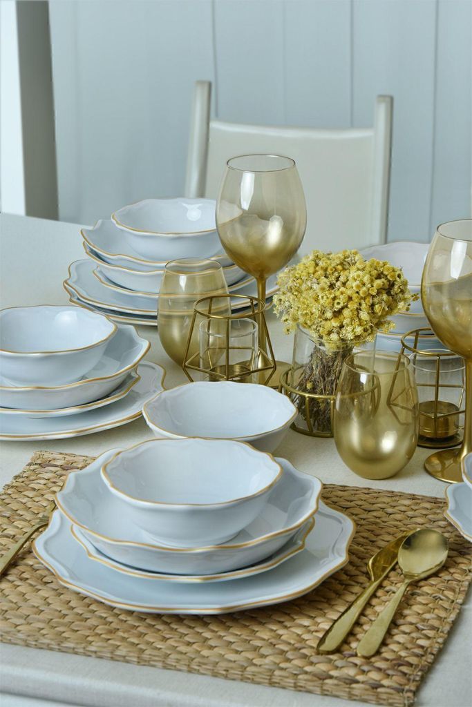 Keramika Geschirrset - White/Gold Romeo - 24 teilig - 6 Personen - Steingut