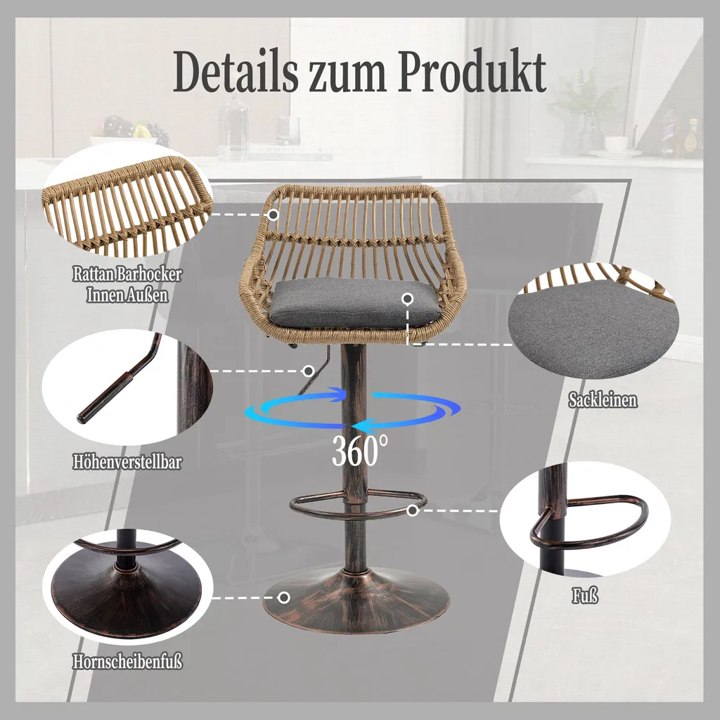 Chaise de Bar Haute Réglable Style Rétro Chic en Rotin et Métal Doré - 5