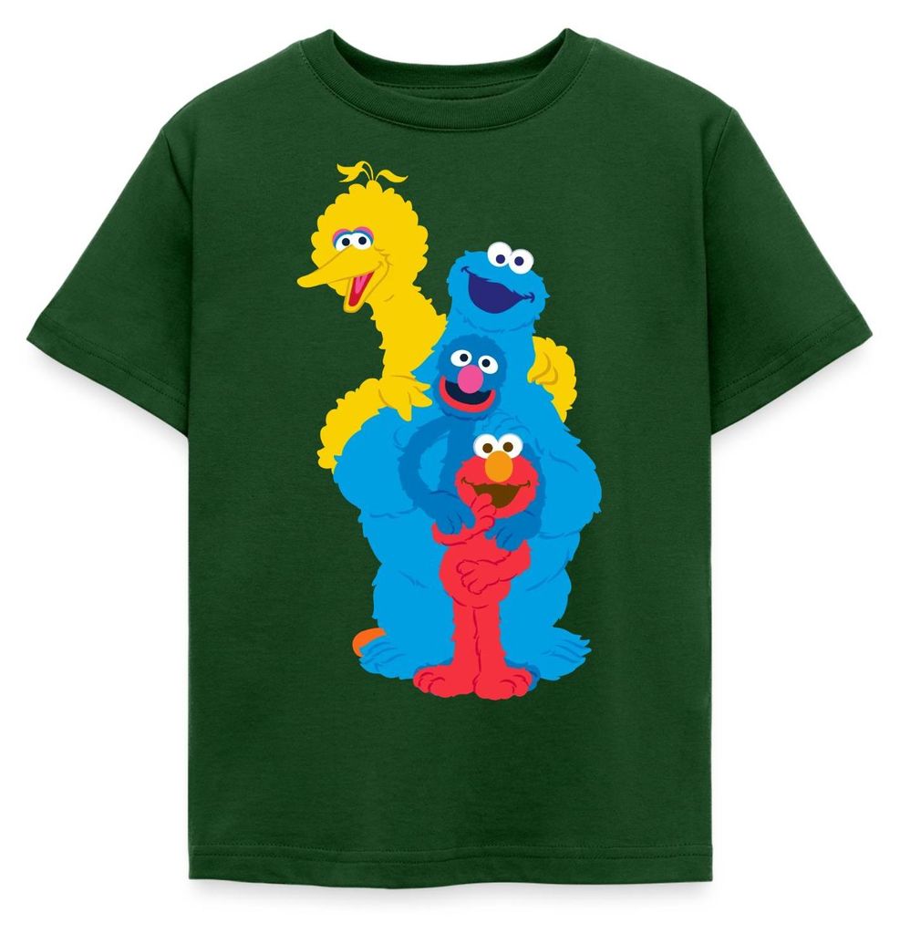 Spreadshirt Sesamstraße Elmo Grobi Krümelmonster Bibo Kinder T-Shirt, 98/104 (3-4 Jahre), Forstgrün