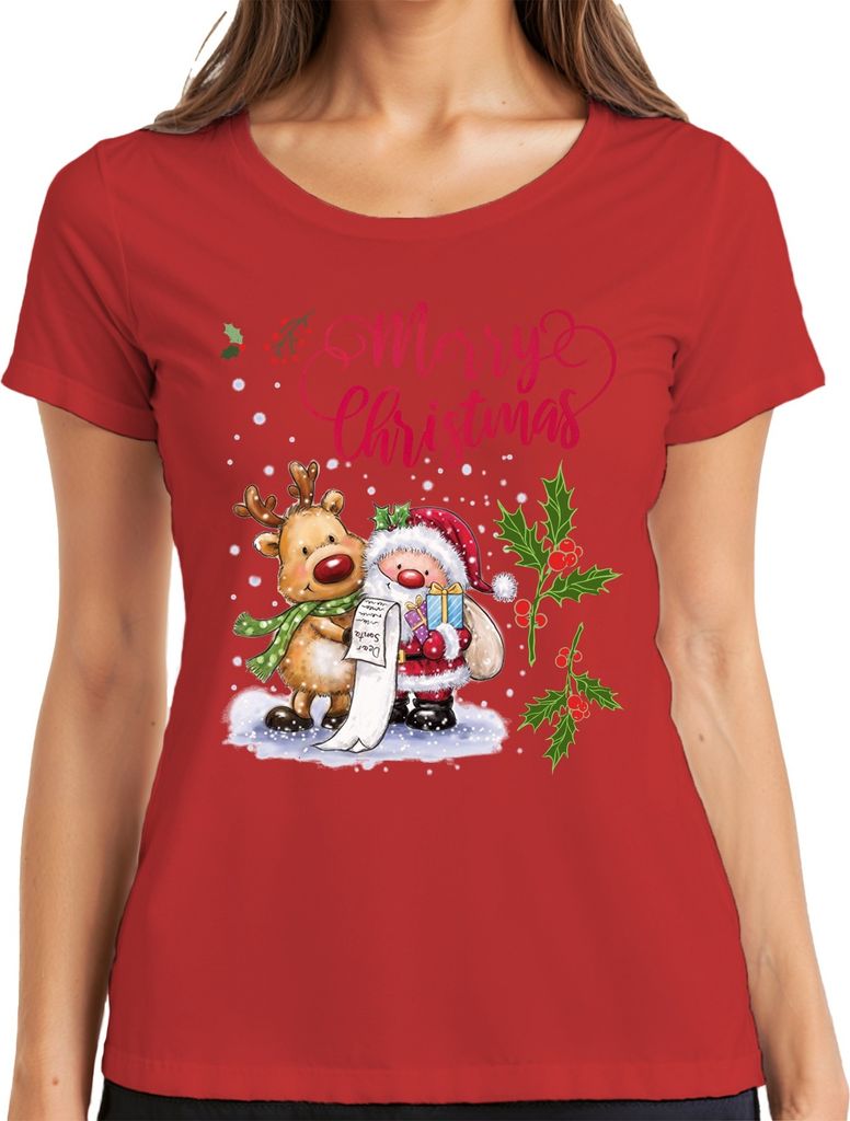 Merry Christmas Santa Rentier Wunschliste Mistelzweig - Weihnachten Weihnachtsgeschenk Damen T-Shirt, Rot, XL