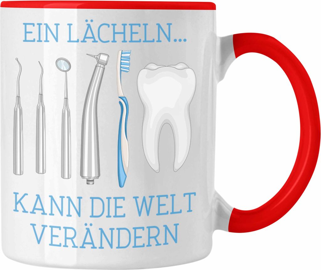 Trendation - Ein Lächeln Kann Die Welt Verändern Tasse Geschenk für Zahnarzt Zahnärztin Lustiger Spruch Geschenkidee Weihnachten Geburtstag (Rot)