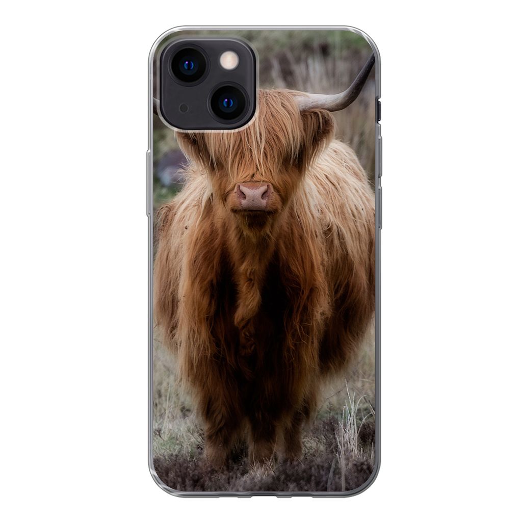 MuchoWow Handyhülle Schutzhülle Hülle für iPhone 13 Schottischer Hochländer - Moos - Gras Silikon Softcase Handy Hülle - Karteninhaber