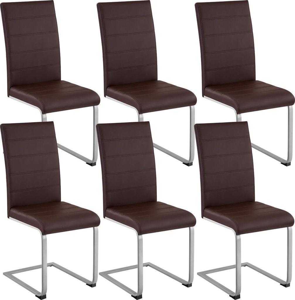 A set of six brown dining chairs with silver legs arranged in two rows of three.