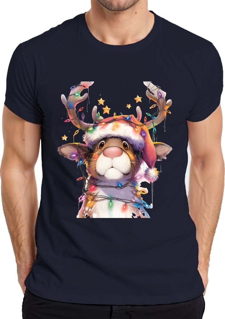 Rentier Lichterkette Weihnachten niedlich Geschenk Retro Herren T-Shirt, Navy, L