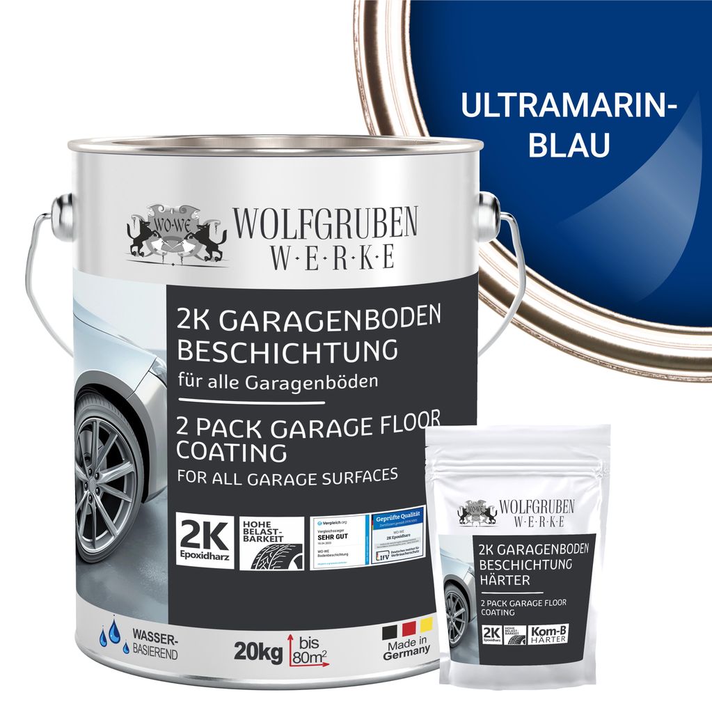2K Garagenbodenbeschichtung Garagenfarbe Garagenbodenfarbe Epoxidharz Bodenbeschichtung für Garage Werkstatt Keller - Ultramarinblau l 20kg