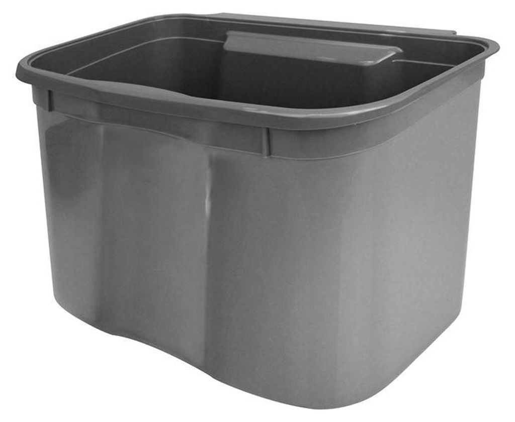 A dark gray hanging trash can with a handle on top.
