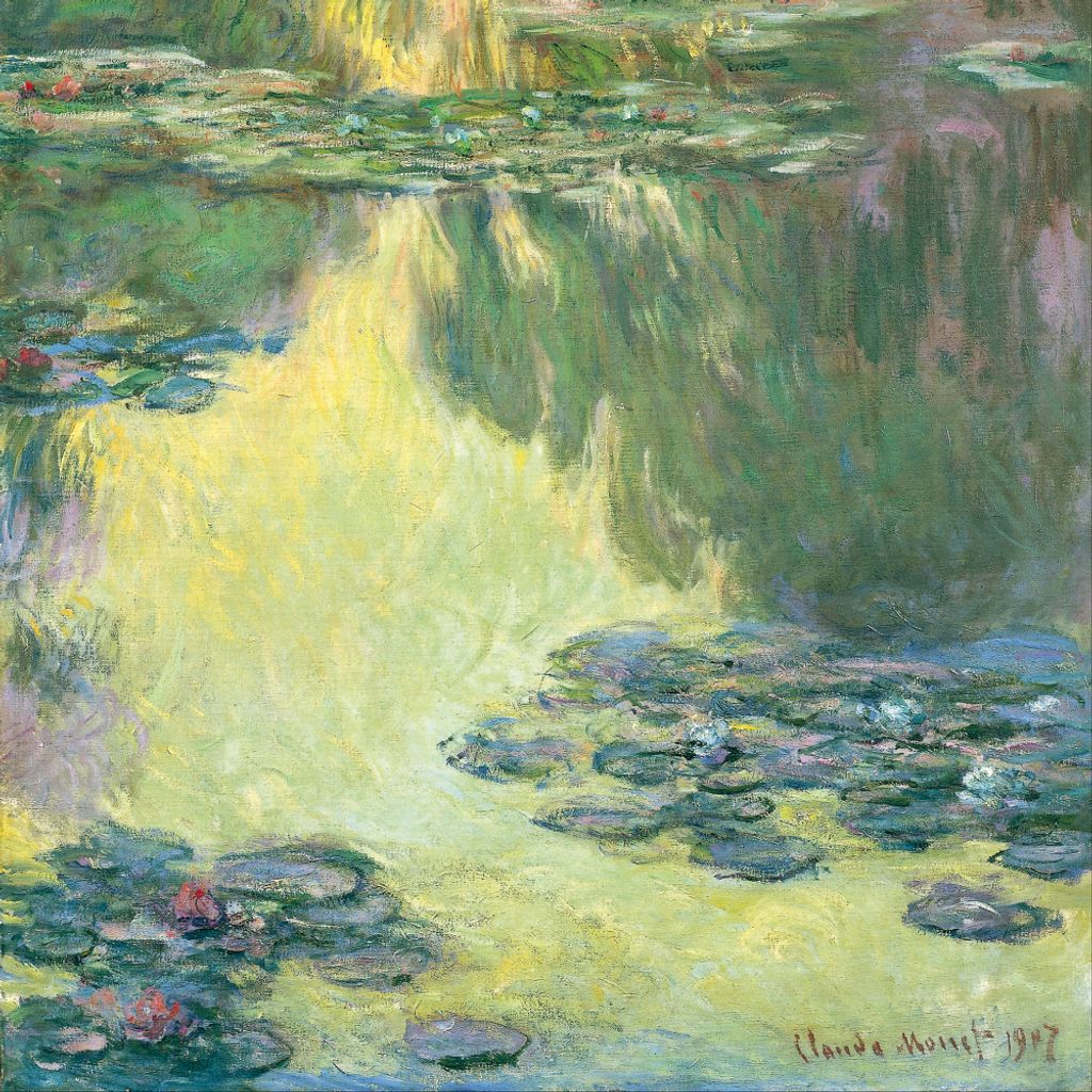 Claude Monet Kunstdruck Bild - Seerosen, 1907 (Grün-Gelb) (100 x 100 cm)