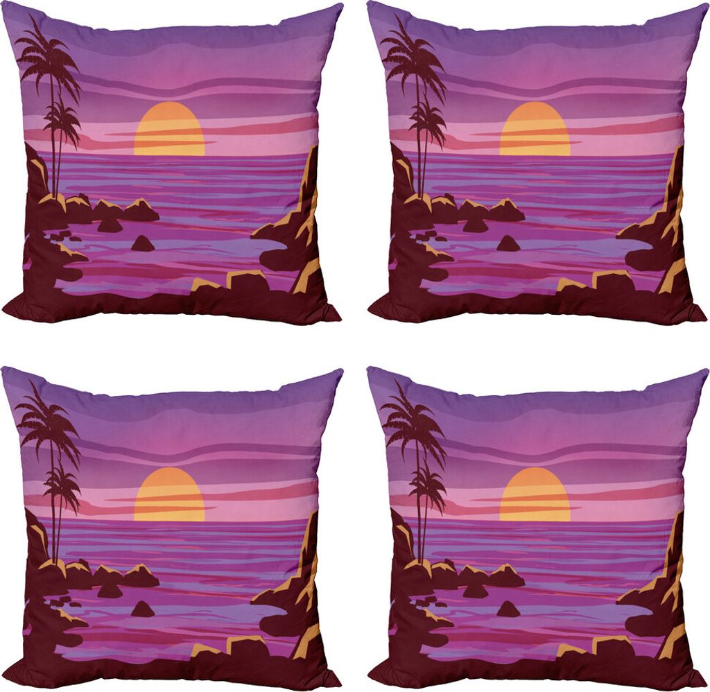 ABAKUHAUS Hawaii Kissenbezug Set (4 Stück), Retro-Stil Karikatur-Strand, Moderner Doppelseitiger Digitaldruck, 45 cm x 45 cm, Fuchsia und Multicolor