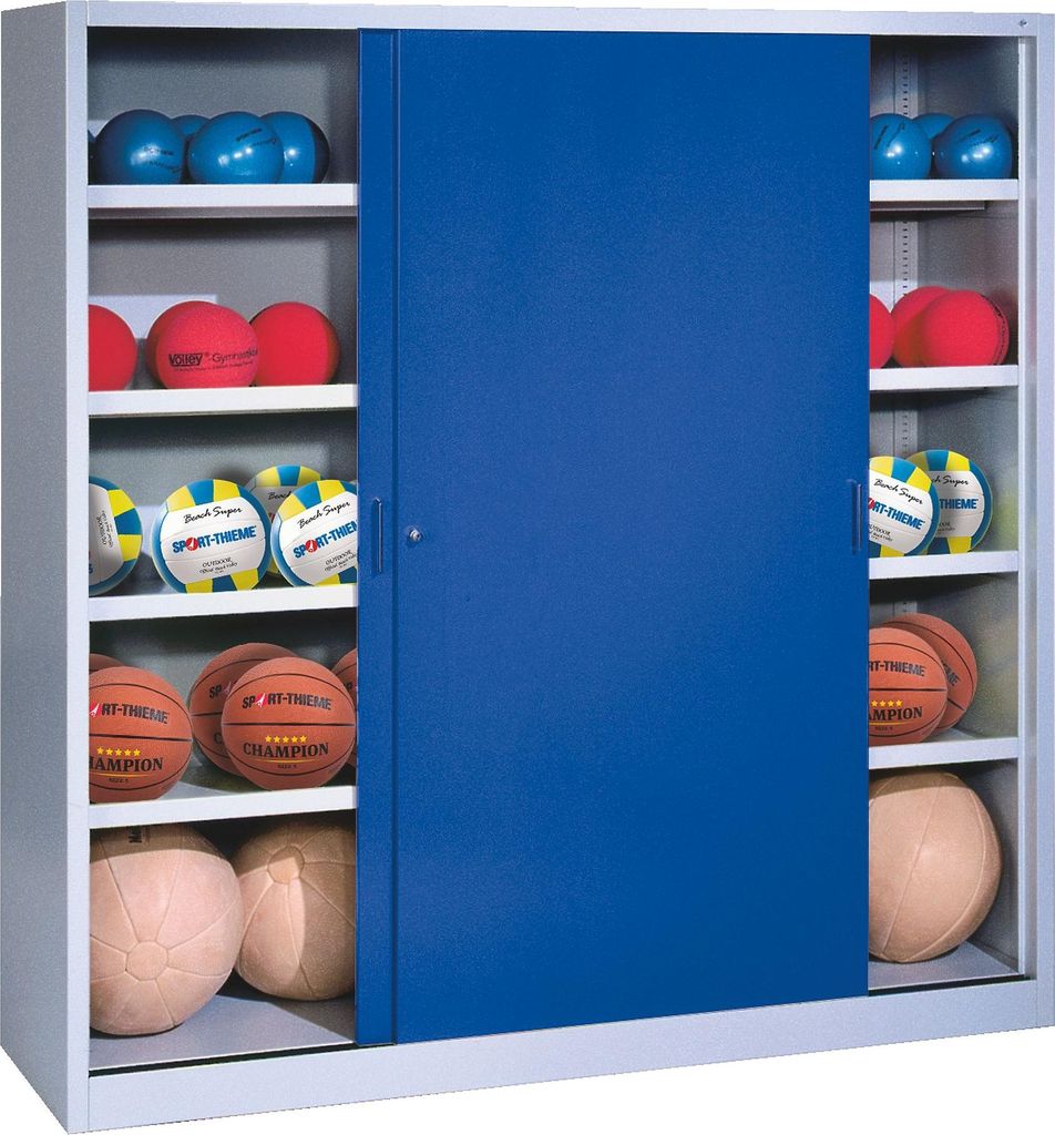 C+P Ballschrank mit Vollblech-Schiebetüren (Typ 4), HxBxT 195x160x50 cm, Enzianblau (RAL 5010), Lichtgrau (RAL 7035), Gleichschließung