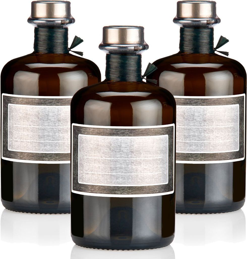 Apothekerflasche braun 0,5l mit Korken silber, Band, Kapseln & Etiketten, 3 Braunglas Flaschen leer Etikett Motiv Rahmen