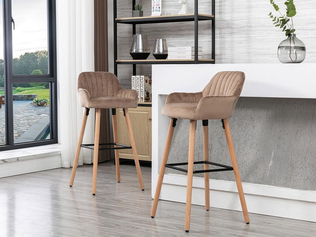 Barhocker ELEANA - Velours und Metall Holzimitation - Farbe Beige