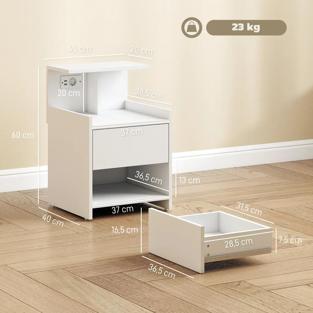 Commode de nuit blanche avec prise USB et rangement ouvert style moderne
