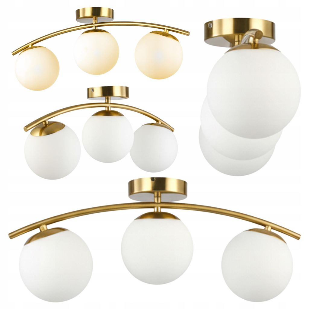 Three different styles of gold and white glass globe ceiling lights are displayed against a white background.