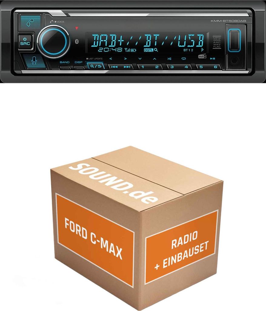 Autoradio Einbaupaket Kenwood KMM BT508DAB passend für Ford C-MAX + Lenkradfernbedienung Silber | Bluetooth Telefonieren DAB+