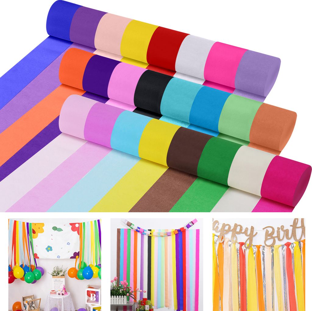 Krepppapier 24 Farben 5cm Breite, Party Bunt Kreppbänder, DIY Papier Streamer Luftschlangen für Hochzeit Papierfalten Basteln, Krepp-Papier Feier Dekoration