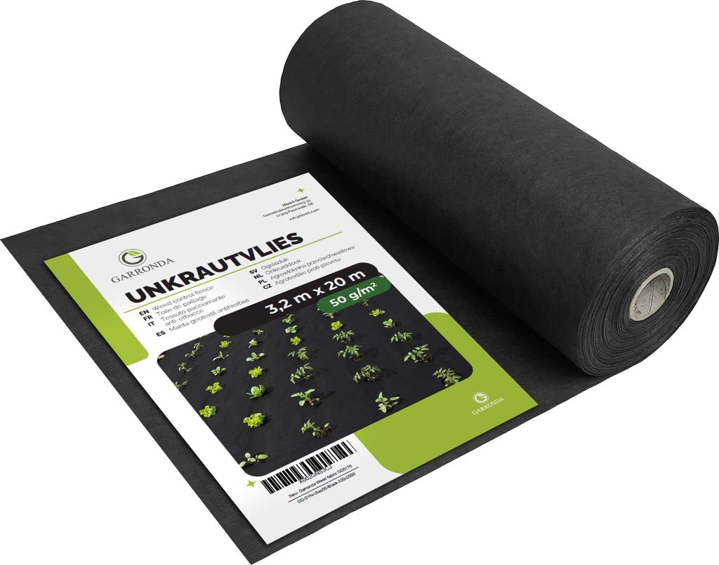Garronda Unkrautvlies 50 g/m² Schwarz 3,2 m x 20 m wasserdurchlässig UV-beständig Bodenabdeckung für Beete und Wege GD-0176