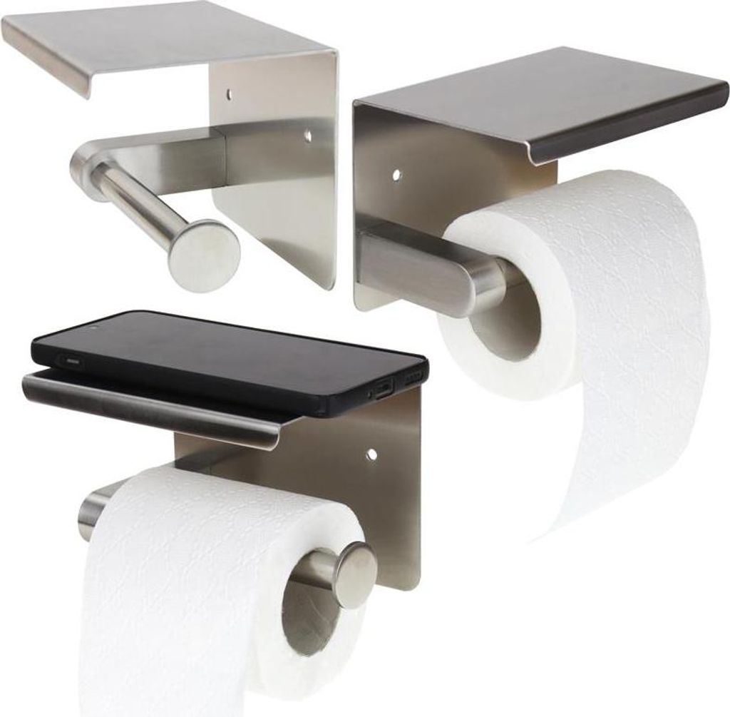 Toilettenpapierhalter mit Ablage, Metallaufhänger, silber, selbstklebend