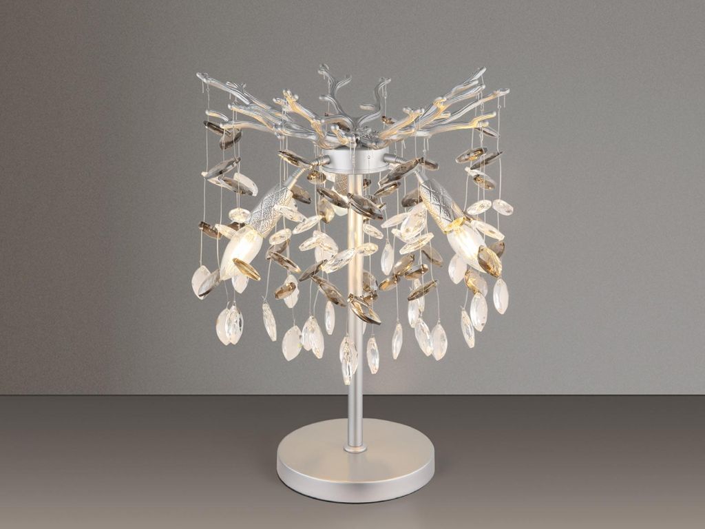 Ausgefallene große Tischlampe Silber mit Kristall 2-farbig, Nachttischlampe 50cm