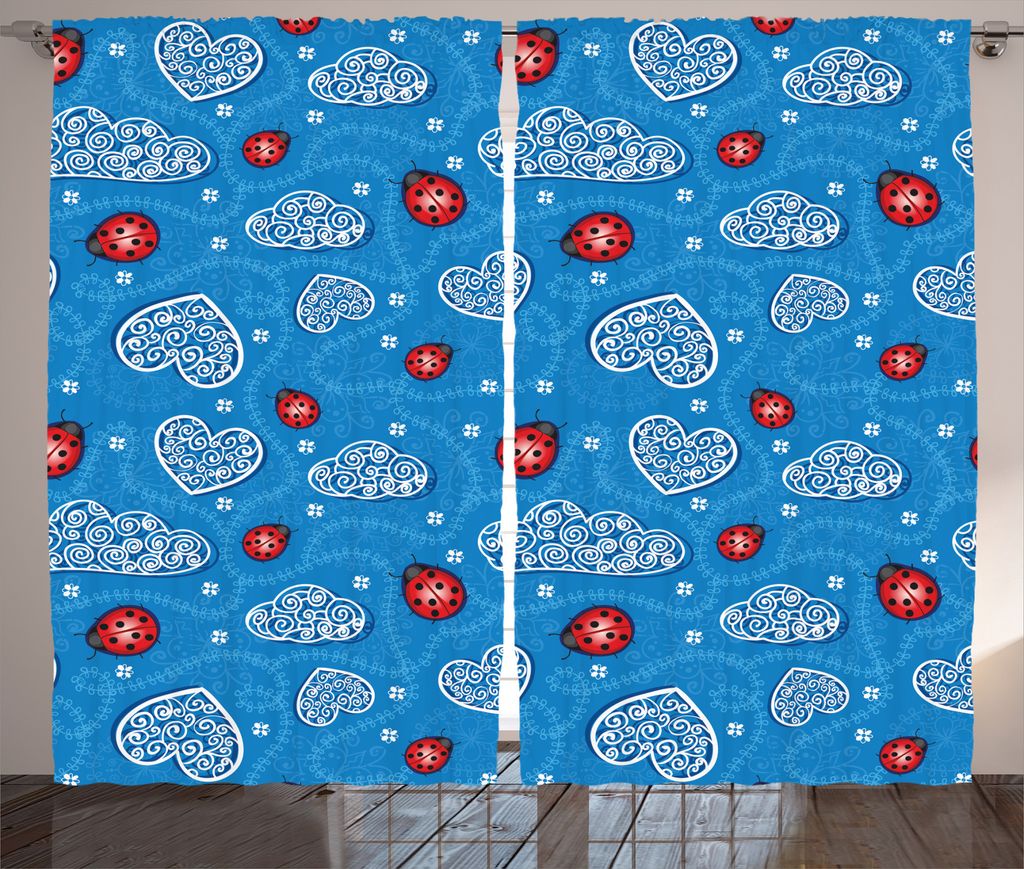 ABAKUHAUS Kids Rustikaler Gardine, Marienkäfer-Herz-Wolken, Schlafzimmer Kräuselband Vorhang mit Schlaufen und Haken, 280 x 175 cm, Blau Rot