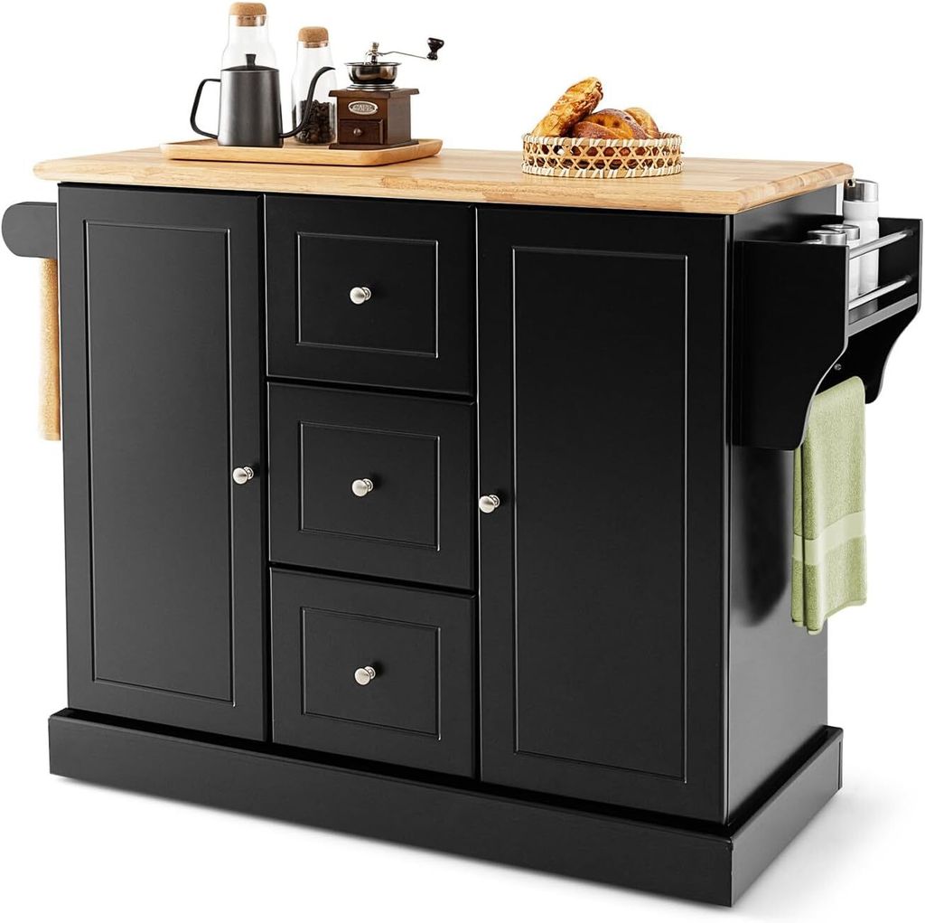 Küchenwagen mit 3 Schubladen und 2 Schraenken, Kücheninsel mit 5 versteckten Raedern, Sideboard mit Handtuchhalter und Gewürzstaender, 126 x 45 ...