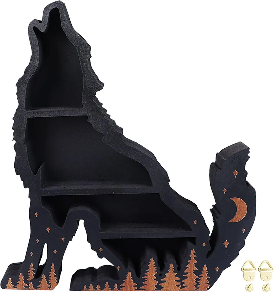 Étagère murale loup présentoir à cristaux bois pour salon rustique
