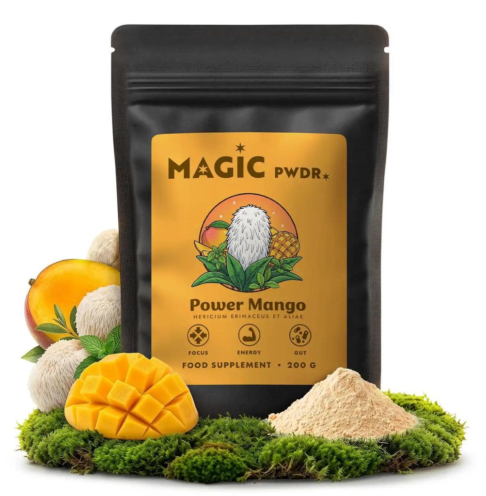 Magic Pwdr Power Yerba & Mango Pulver 200g - Fokus Blend mit Lion's Mane Pilz Extrakt und Mate Tee - Natürliche Energie - Mit Vitamin C