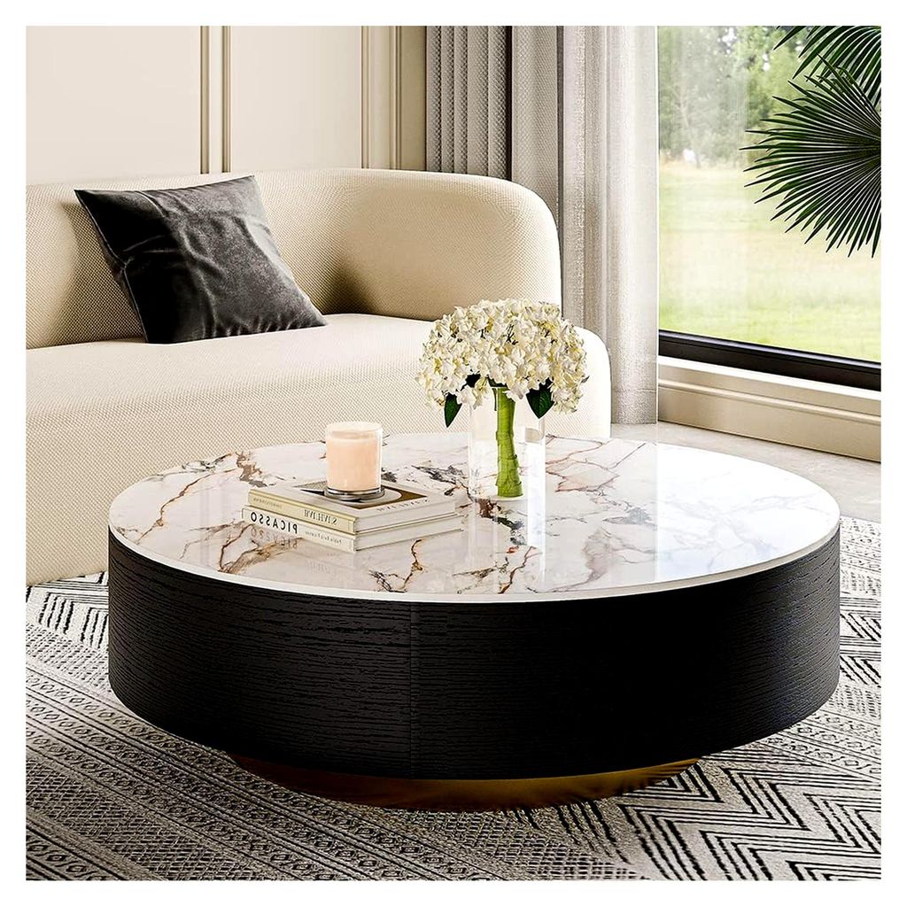 Moderner Couchtisch in Trommel-Form mit Eichenfurnier und gesinterter Steinplatte, ausgestattet mit 2 Schubladen aus Massivholz für das Wohnzimmer...