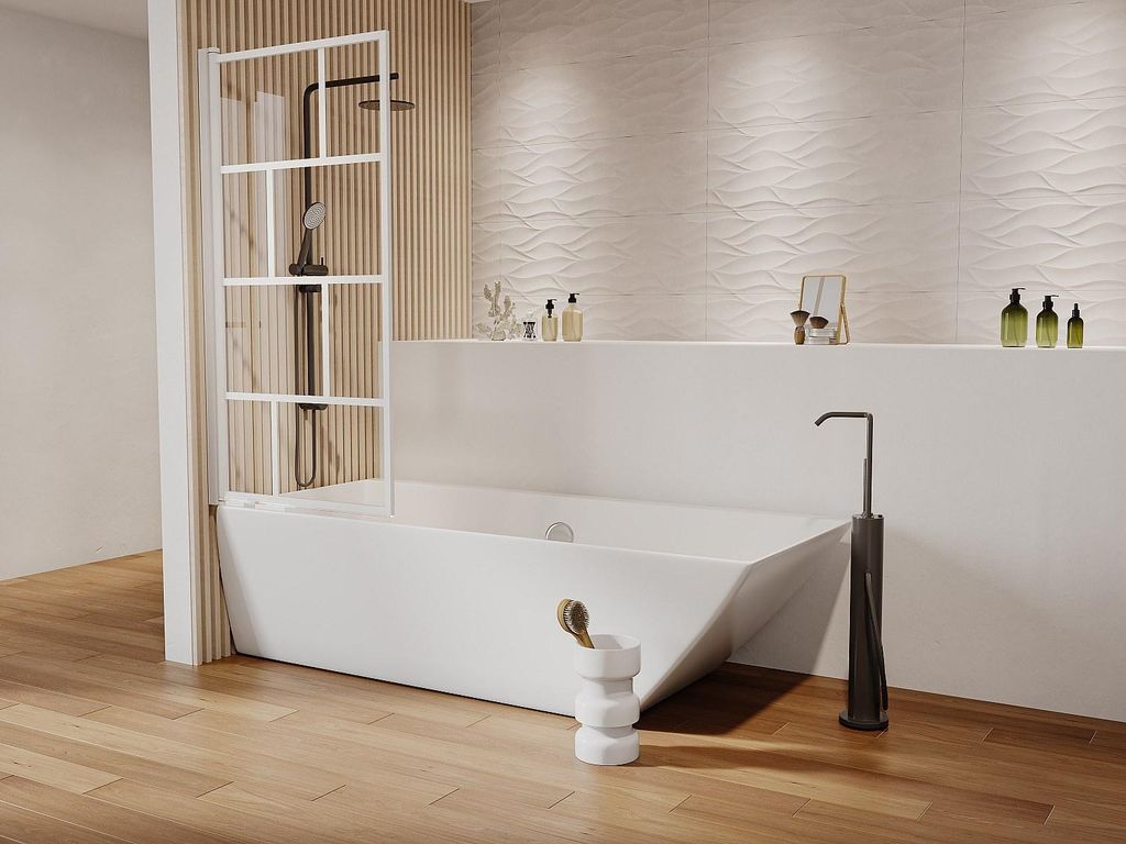 Drehbarer Badewannenschirm im Industriestil - 70 x 140 cm - Weiß matt - Glas - RIVANON