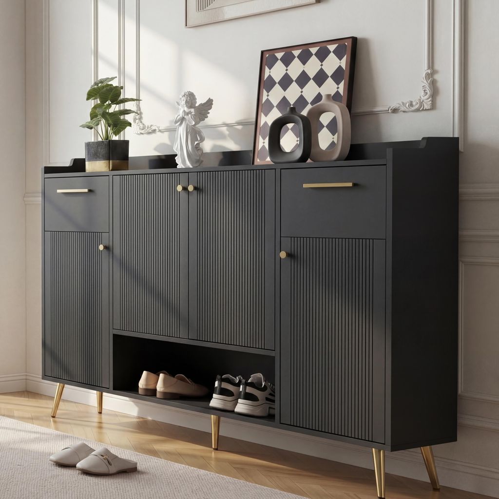 Merax Schuhschrank mit 2 Schubladen und 4 Türen, modernes Design mit Metallfüßen, Maße: H100/B130/T37 cm