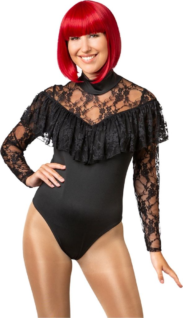 O40148.02-S-M schwarz Damen Spitzen-Body Volant Gr.S-M