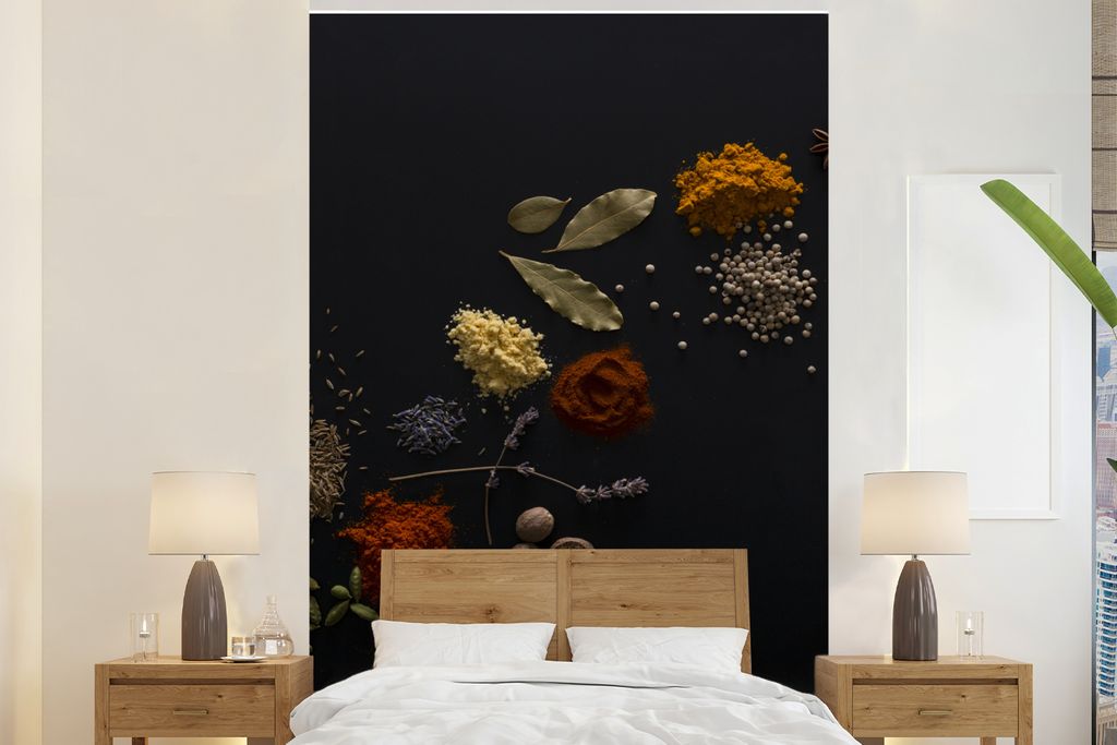 MuchoWow Fototapete für Wohnzimmer oder Schlafzimmer Wandtapete Vinyl Motivtapete Kräuter - Schwarz - Gewürze - Küche - Kochen - 200x300 cm -...