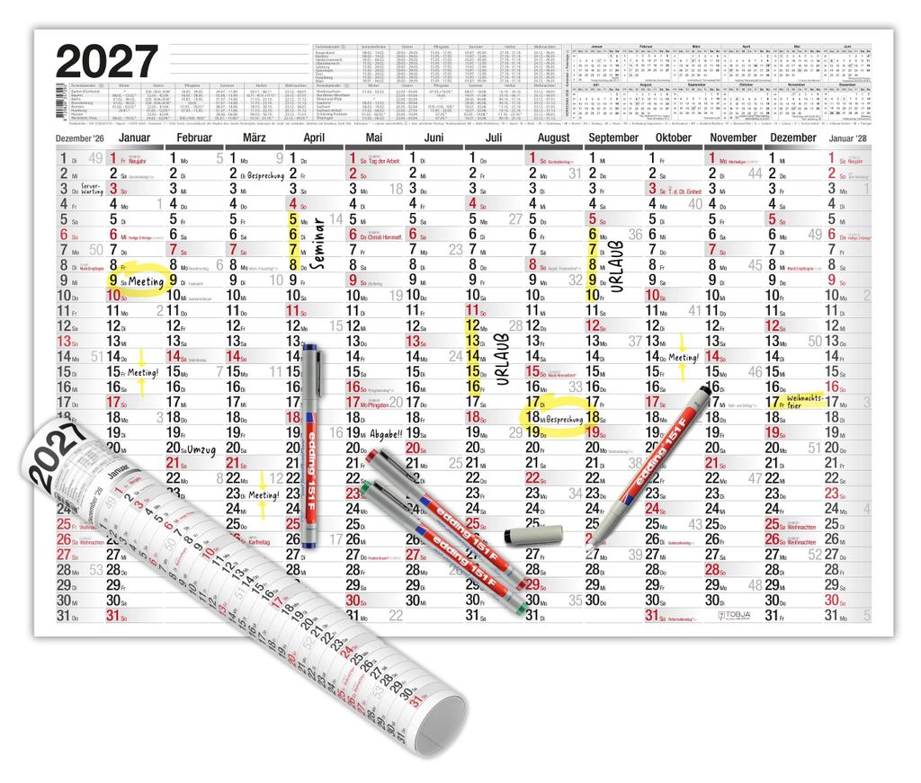 DIN A2 Wandkalender 2027 Abwischbar Gerollt mit 4 Eddings – Produktbild 