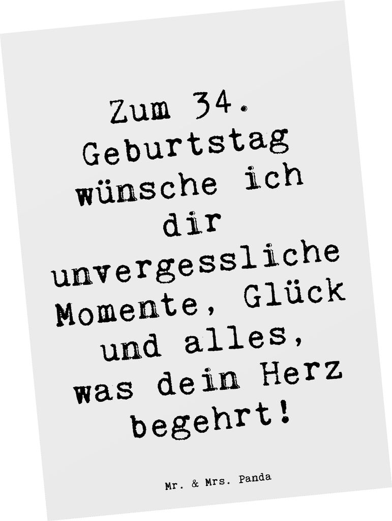 Mr. & Mrs. Panda Postkarte Spruch 34. Geburtstag Glückwünsche - Weiß - Geschenk, Grußkarte, Fotokarte, schätzen, liebe Worte, Happy Birthday, ...