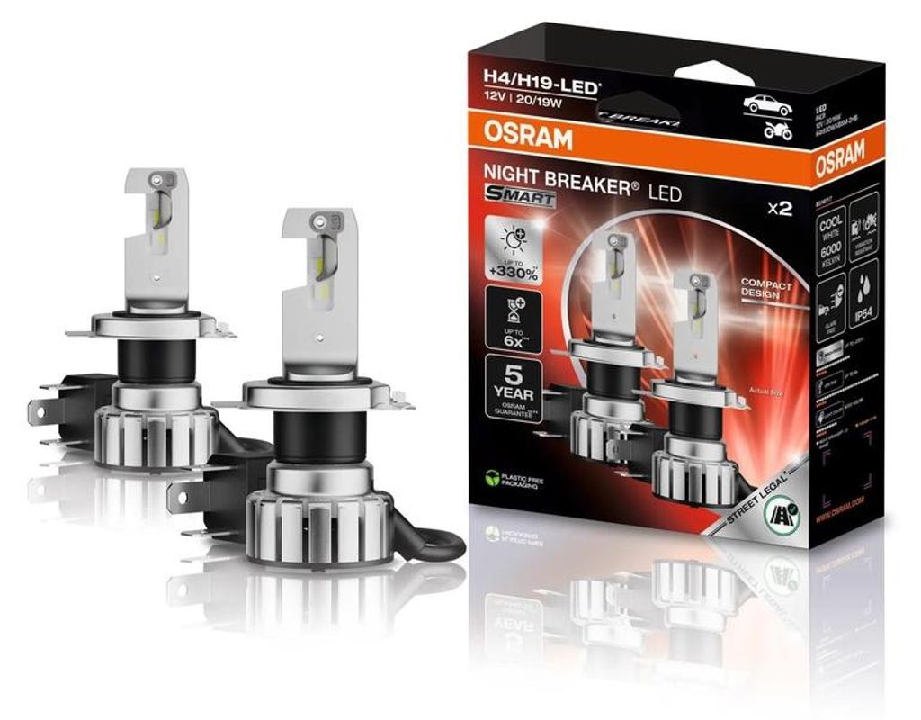 2 Glühlampen H4 H19 12V 6000k OSRAM NIGHT BREAKER LED SMART +330% heller