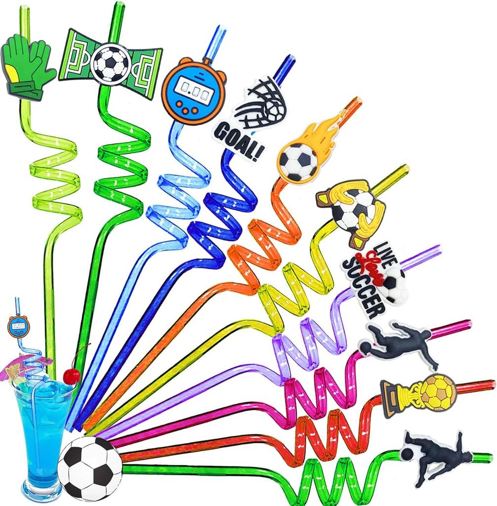 Fußballstrohhalme 10 Stück krummelige Strohhalme wiederverwendbar für Kinder - Fußball Thema Dekoration für Familienfeiern