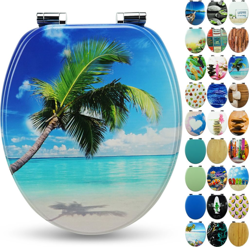 Sanfino Premium WC Sitz "Palm" hochwertiger Toilettendeckel mit Absenkautomatik aus Holz, viele bunte Motive, einfache Montage