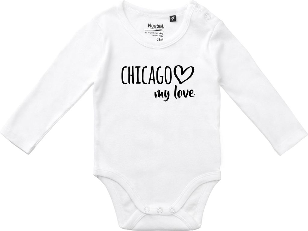 Huuraa Baby Body Chicago my love 62 White Baumwolle Fairtrade Langarmbody Geschenkidee